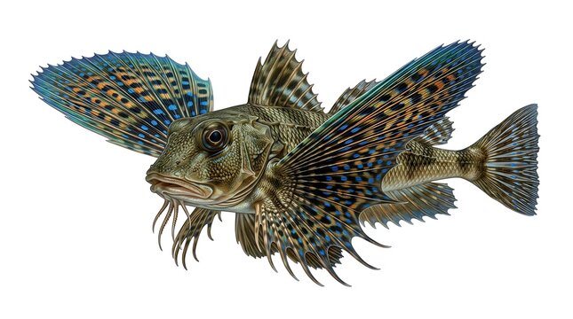 Detailed illustration of a colorful gurnard fish with large, patterned wing-like fins against a white background.