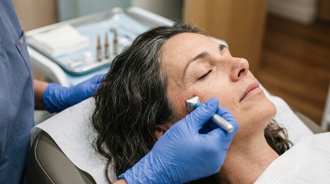 Aesthetician performing targeted micro needle stamp mesotherapy with pinpoint bleeding on mature woman cheek