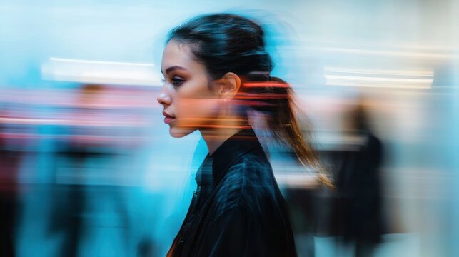Woman walking blurred background