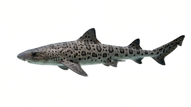 A detailed side view of a leopard shark with distinctive dark spots and bars on its body, isolated on a white background.