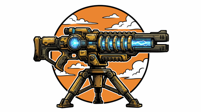 Futuristic heavy laser cannon on a tripod against orange sky