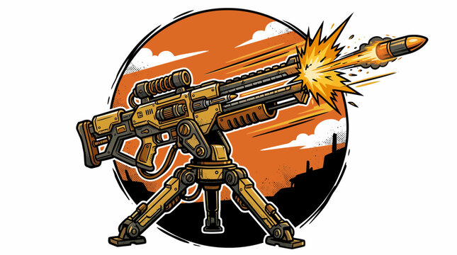 Heavy machine gun firing ammunition in cartoon comic style vector graphic