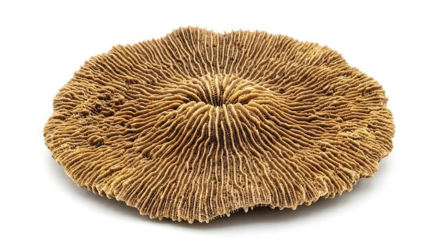 A close-up shot of a dried, brown, disc-shaped mushroom with prominent radial gills and a central depression, isolated on a white background.