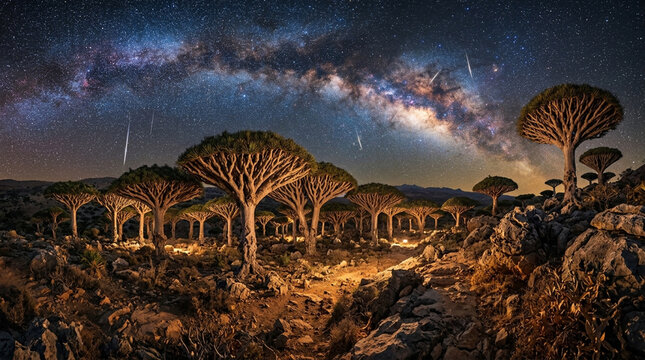 Milky Way and meteor shower over dragon blood trees at night