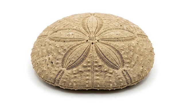 Close-up studio shot of a single dried sand dollar shell on a plain white background, showcasing its intricate five-petal pattern and textured surface.