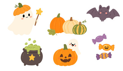 Fototapeta premium Cute halloween element set with ghost wearing pumpkin hat, bat, cauldron, jack-o-lantern, and candies illustration isolated on transparent background