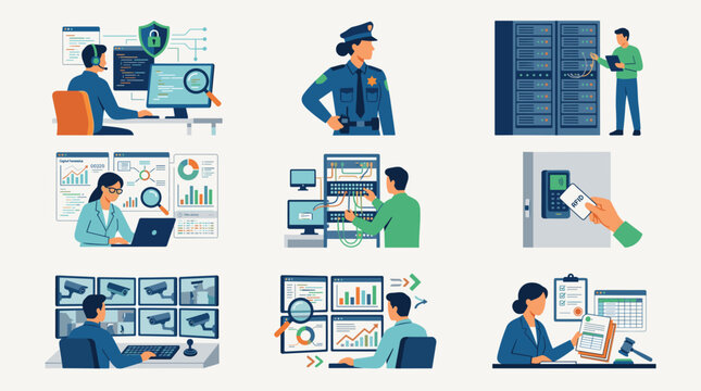 Flat design vector illustration set of security and data analysis concepts, including personnel and technology icons.