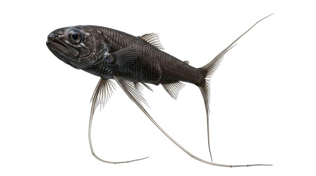 A detailed studio shot of a dark-colored deep-sea fish with elongated, trailing fins, isolated on a pure white background.