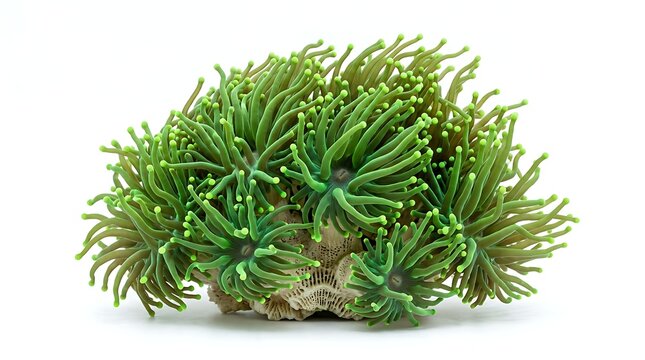 Vibrant green torch coral with multiple polyps extending against a clean white background.
