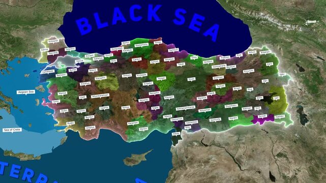 3D Animated Map of Turkey Highlighting Major Rivers, Surrounding Seas, Provinces, and Flag Overlay
