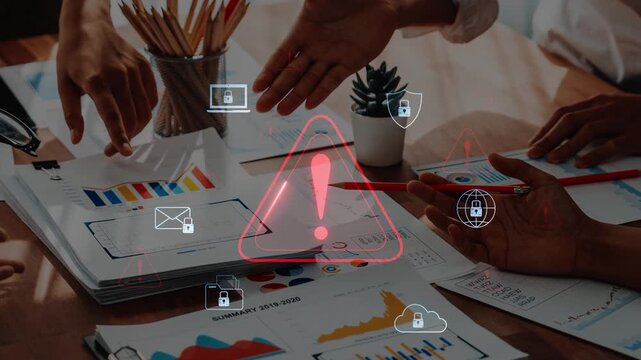 A dynamic business environment showcasing diverse hands engaged in a meeting focused on data analysis and security. Charts and digital icons amplify collaboration efforts. Raster