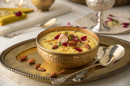 Creamy saffron rabri served in a small handcrafted brass bowl, garnished with almonds, pistachios and rose petals, elegant fine-dining table setting, warm candlelight, luxurious Indian atmosphere, rea