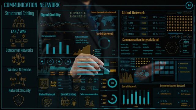 Explore a detailed visualization of a communication network featuring various charts and diagrams on stability, security, and social media for effective technology management. Cipher
