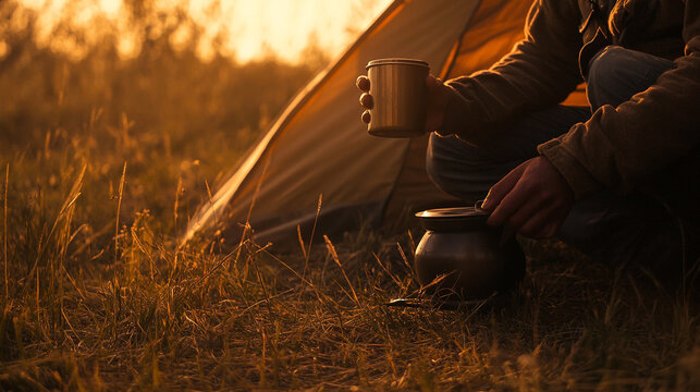 Campers brew coffee by tent sunsets