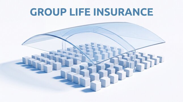 Group Life Insurance for Entire Organization Concept, Large Grid of White Cubes Representing Employees Sheltered Under a Sweeping Glass Canopy