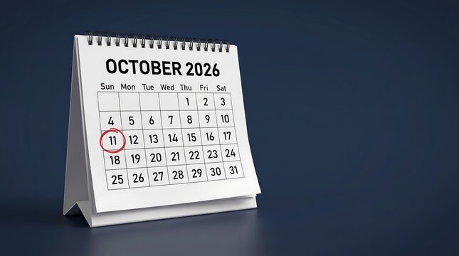 October 2026 desk calendar with red circle on day 11, white spiral flip calendar for business planning and scheduling, monthly paper organizer on dark blue background with copy space