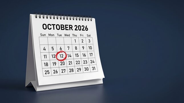 October 2026 desk calendar with red circle on day 12, white spiral flip calendar for business planning and scheduling, monthly paper organizer on dark blue background with copy space