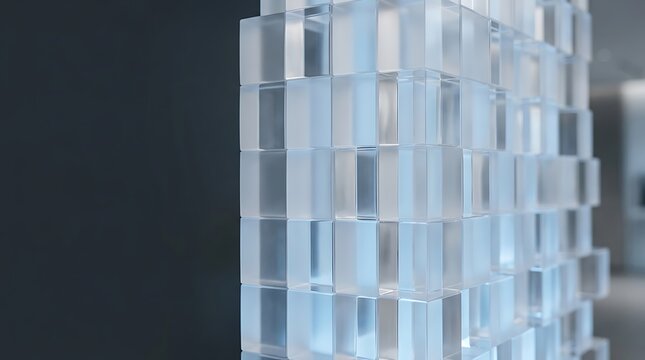 Abstract glass block wall structure with translucent geometric cubes in a modern interior