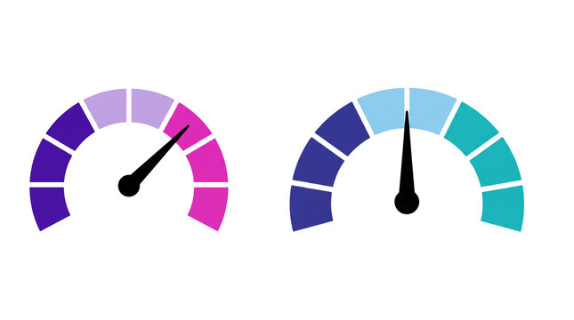 Performance speedometer gauge icons set, colorful dashboard dial indicators, progress and speed measurement symbols for business analytics