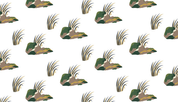 Repeating elements like rocks and grass forming a vibrant seamless pattern, perfect for digital backgrounds or textile design.