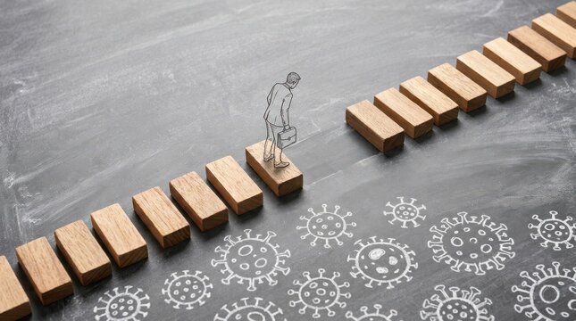 A chalk drawing of a businessman attempting to cross a gap in wooden steps over drawn viruses on a chalkboard.