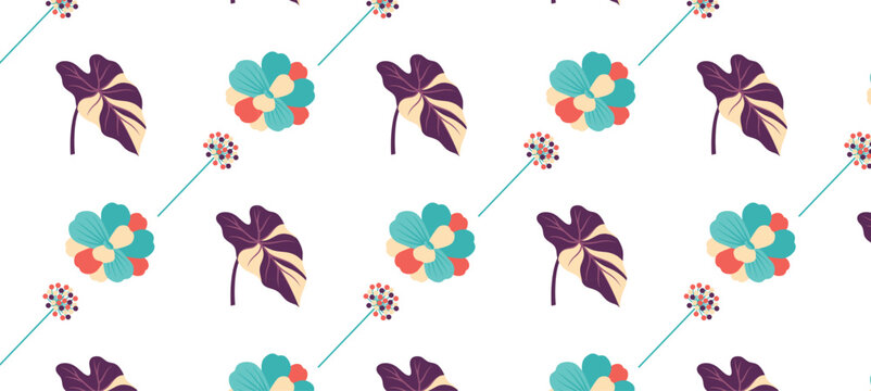 Vibrant showcasing colorful tropical leaves and abstract floral elements, seamless pattern Perfect for contemporary design projects.