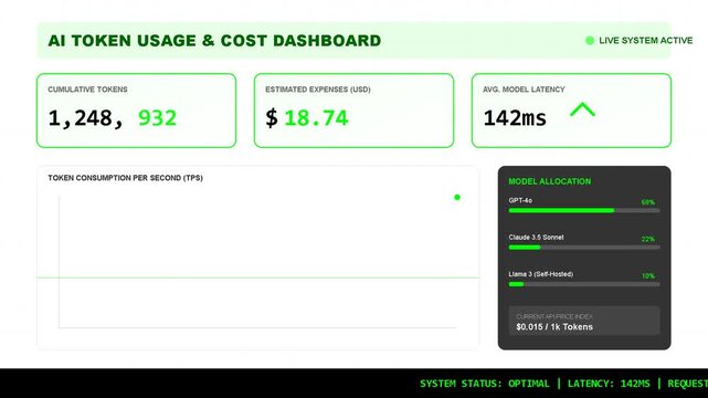 Digital dashboard interface monitoring token usage and costs, real time data visualization, business metrics, analytics, financial performance tracking