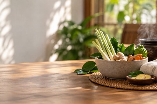 Thai Herbal Wellness Ingredients in Warm Morning Light