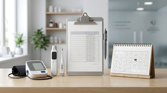Healthcare professional monitors patient vital signs using digital medical devices in modern clinic setting with clean workspace