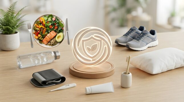 Health-conscious adult organizing preventive wellness items on wooden table with copy space