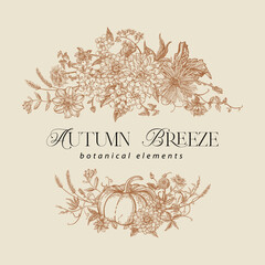 Fototapeta premium Round arrangement featuring garden flowers and a pumpkin. Floral bouquets and pumpkin in engraving style. Vintage fall aesthetic. Brown and cream shades.