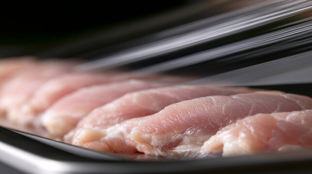 Macro shot of fresh raw meat slices moving on packaging line

