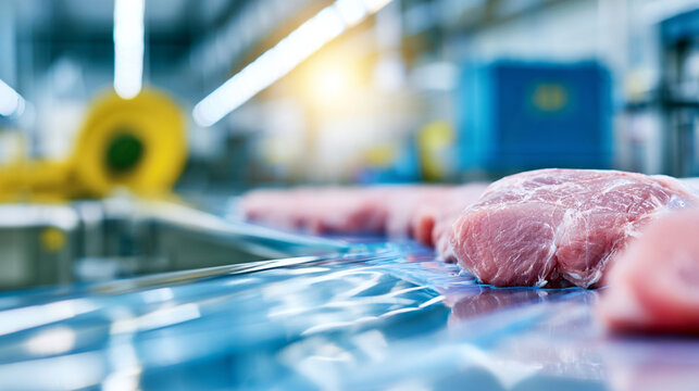 Macro shot of fresh raw meat slices moving on packaging line

