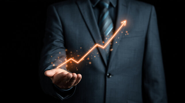 Businessman touching rising digital financial stock chart arrow with finger point

