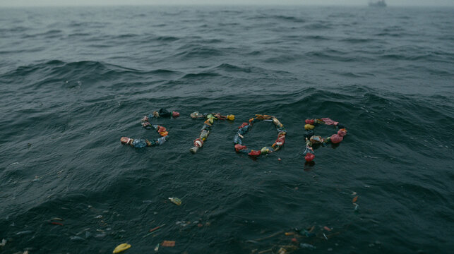 Stop text sculpture made of plastic waste floating on ocean water


