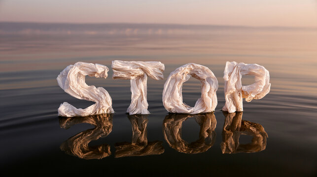 Stop text sculpture made of plastic waste floating on ocean water

