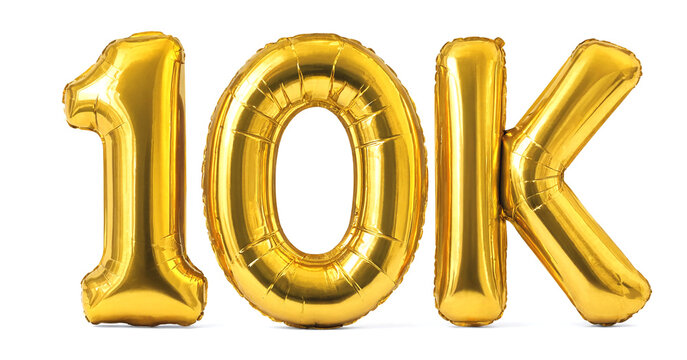 Golden foil number ten thousand celebration balloons isolated background