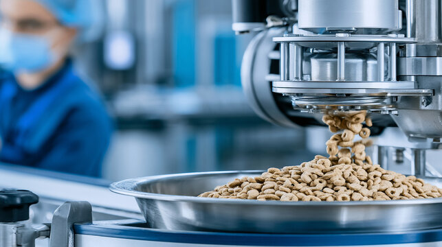 Industrial automated machine dispensing pet food pellets into stainless steel bowl

