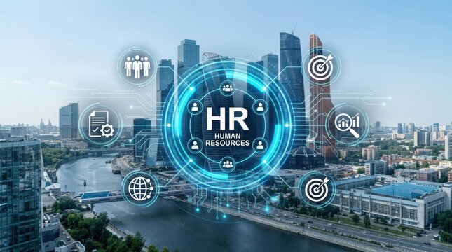 Human resources management icon interface over modern city skyline background representing business recruitment.