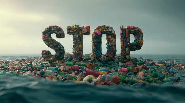 Stop text sculpture made of plastic waste floating on ocean water

