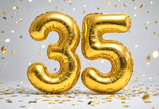 Golden foil number thirty five balloons with confetti celebration background