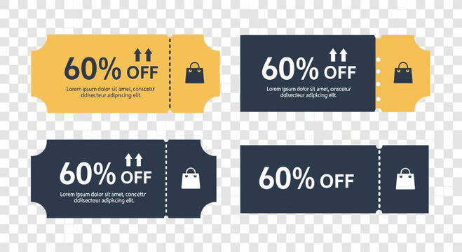 Set of four retail discount voucher coupons with shopping bag icons on transparent background