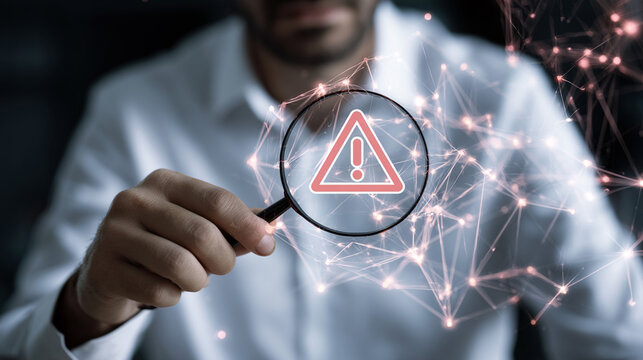 Magnifying Glass Focused On Red Warning Triangle System Alert Network Code   
