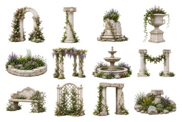 Obraz premium PNG Decorative garden stone arches, columns, fountains, planters