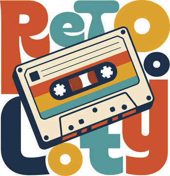 Iconic retro cassette tape graphic with retro lettering, perfectly crafted for print on demand merchandise, capturing vintage music appeal.