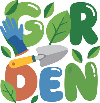 Vibrant GARDEN word art illustration featuring gardening tools and leaves, perfect for creative print on demand projects.