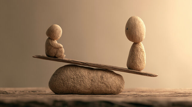 Two Small Stone Figures Sitting On Opposite Sides Of Wooden Seesaw

