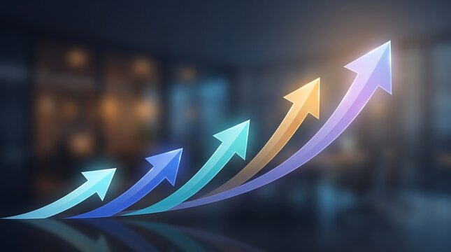 Three colorful glowing arrows pointing upwards representing business growth and positive market trends in a professional corporate office environment blurred background 3D render