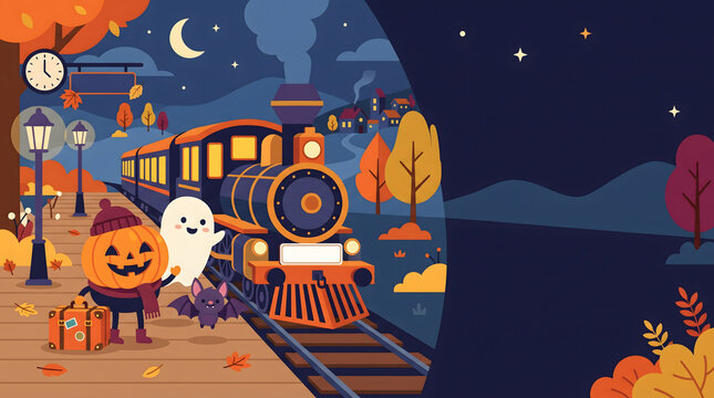 Vintage train pulling into a station at night with a pumpkin traveler and ghost waving goodbye.