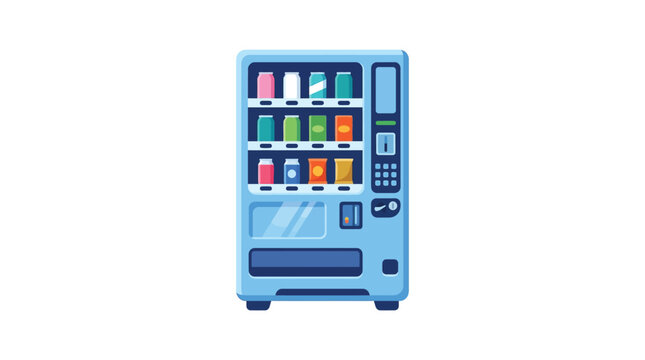 Vending machine vector graphic illustration featuring colorful beverage cans and snacks in a bright blue kiosk
